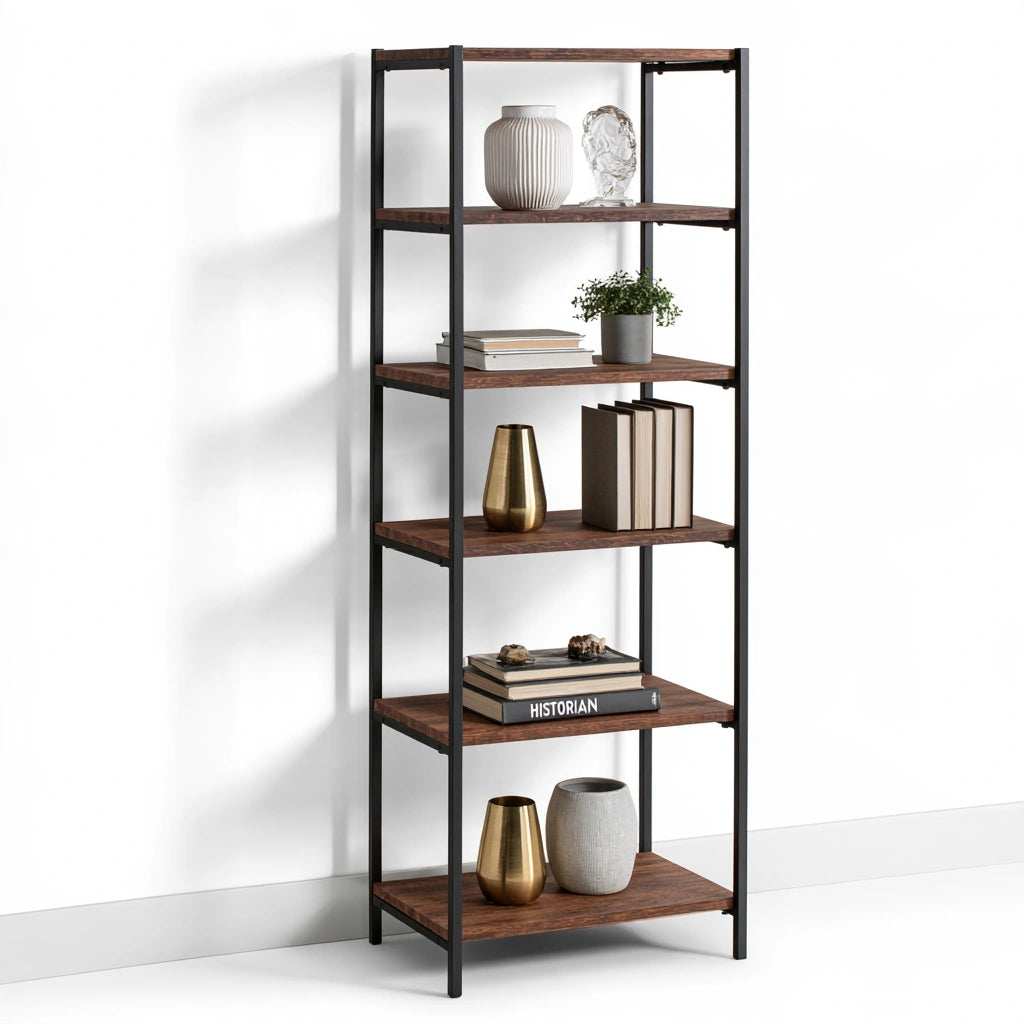 Bibliothèque à cinq niveaux en bois et métal, coloris brun foncé et noir