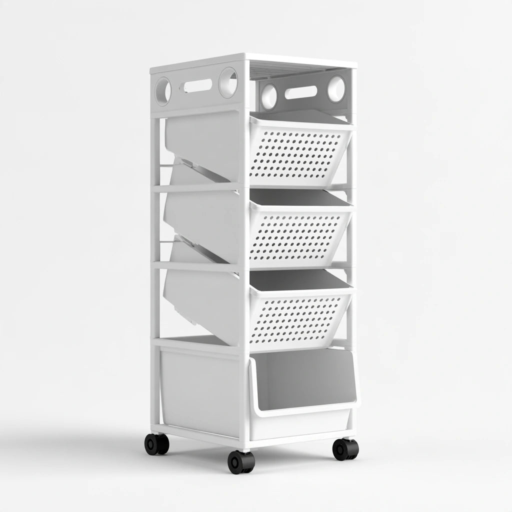 Chariot de rangement en plastique sur roulettes, coloris blanc