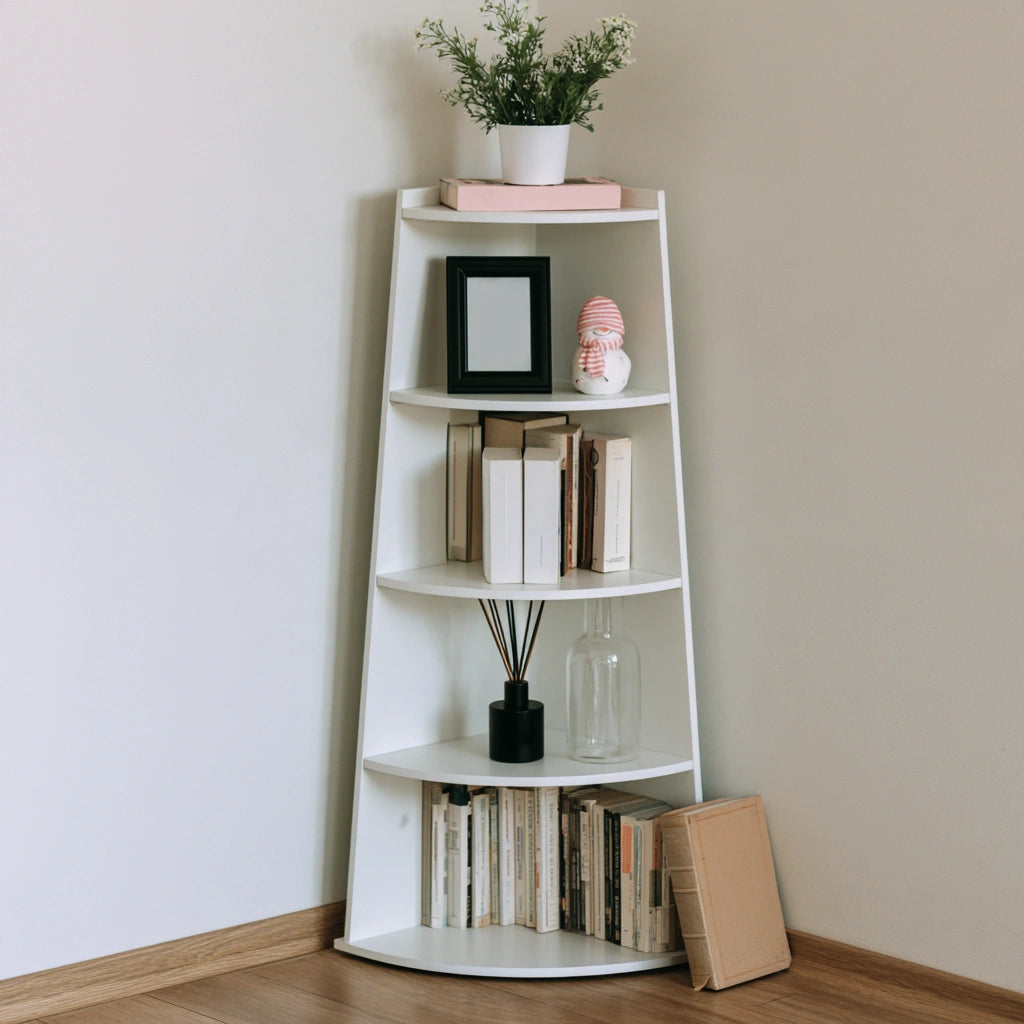 Étagère d'angle blanche à cinq niveaux de la marque NebularNest, avec décorations variées, pour rangement élégant et pratique.