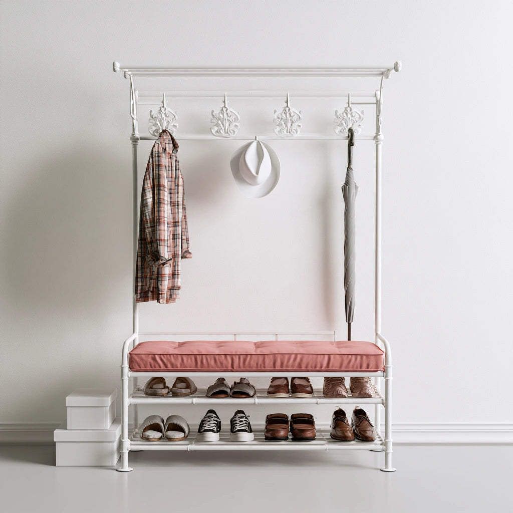 Banc à chaussures avec assise rembourrée en métal, coloris blanc