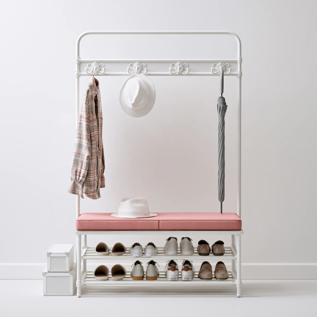 Banc à chaussures avec assise rembourrée en métal, coloris blanc