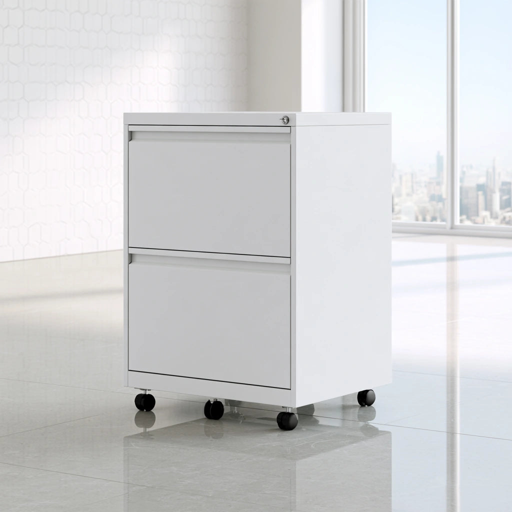 Caisson de classement mobile en métal sur roulettes à trois tiroirs, coloris blanc