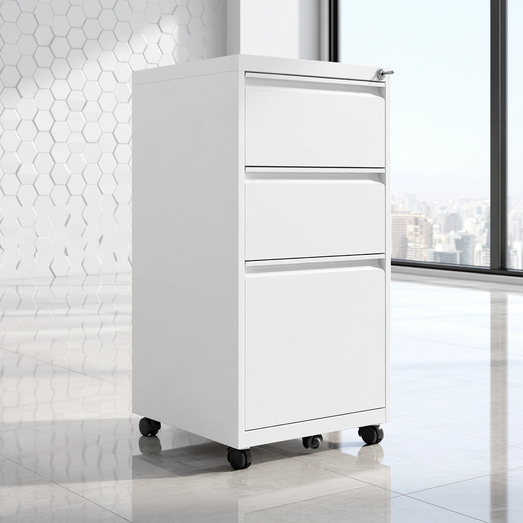 Caisson de classement mobile en métal sur roulettes à trois tiroirs, coloris blanc